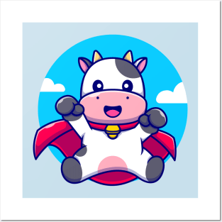 Cute Cow Super Hero Cartoon Posters and Art